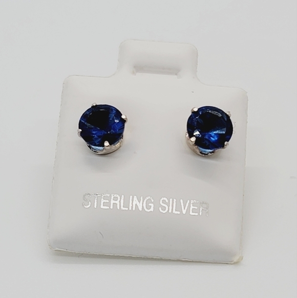 New Cobalt Blue Round CZ Sterling Silver Earrings - Picture 4 of 6